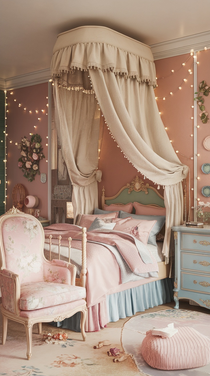 A cozy vintage princess aesthetic bedroom featuring a canopy bed, pink walls, fairy lights, and vintage furniture.