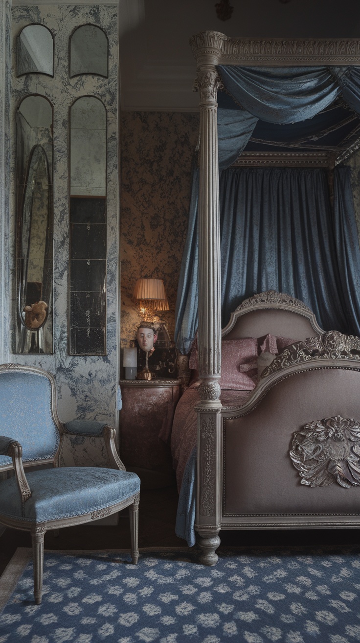 Vintage princess aesthetic bedroom with a dark moody theme, featuring a canopy bed, ornate furniture, and patterned wallpaper.