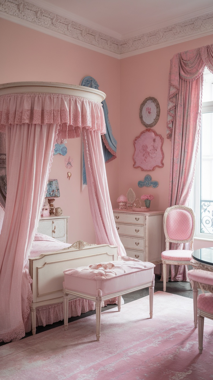 Vintage princess aesthetic bedroom featuring a canopy bed, soft pink walls, and elegant decor.