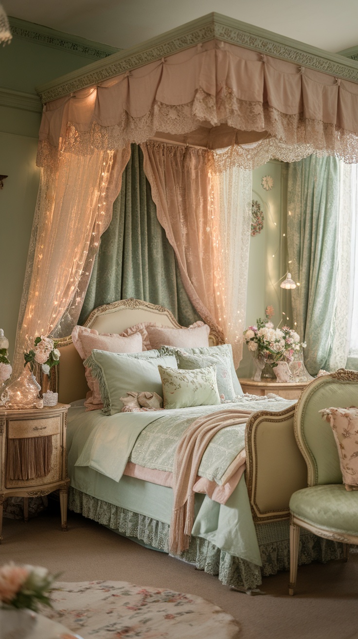 A vintage princess aesthetic bedroom with soft green and blush colors, featuring curtains, cozy bedding, and fairy lights.