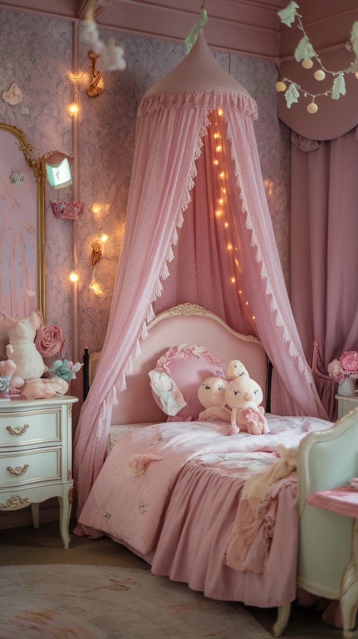 A vintage princess aesthetic bedroom featuring a pink canopy bed with fairy lights, plush toys, and charming decor.