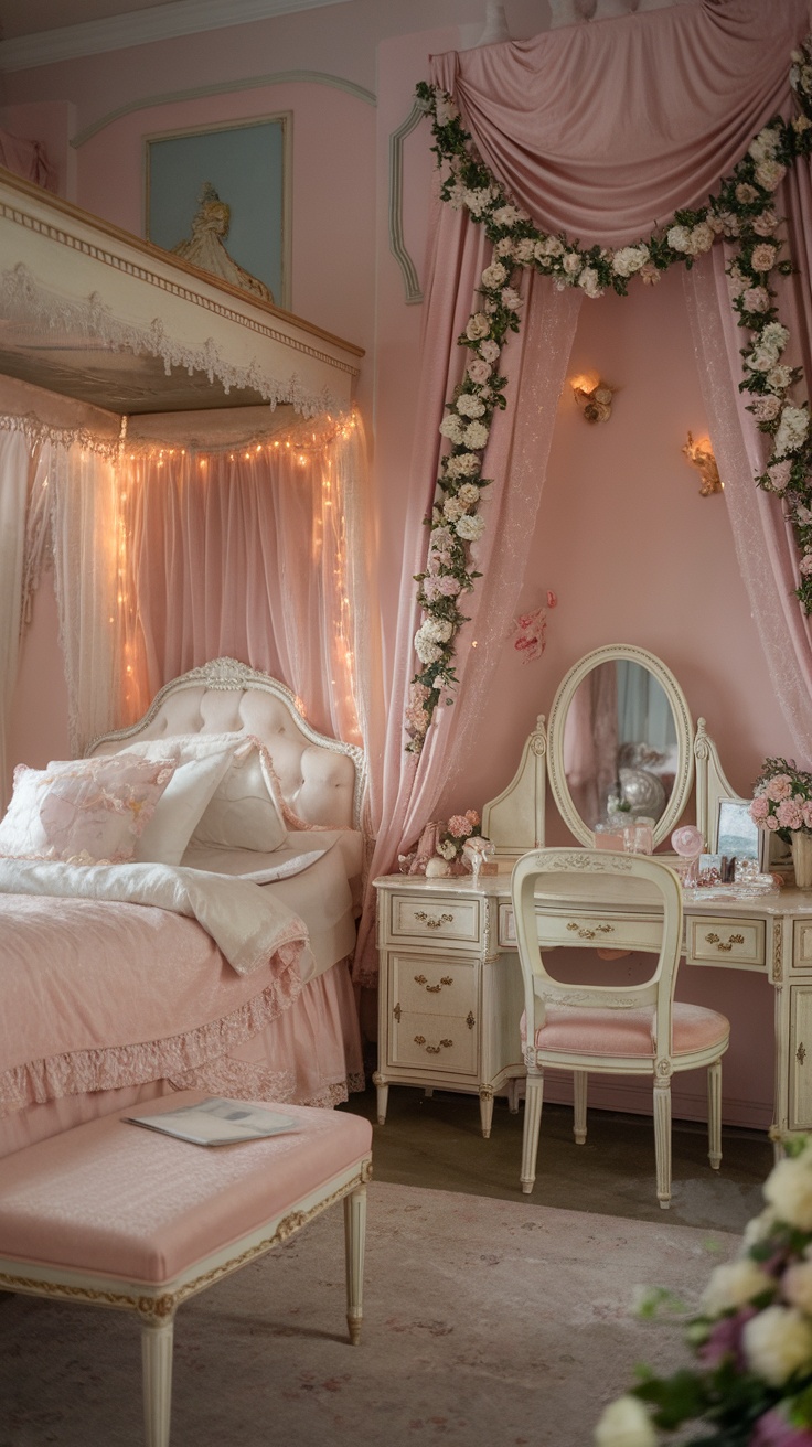 A vintage princess aesthetic bedroom with pink walls, fairy lights, floral decorations, and ornate furniture.