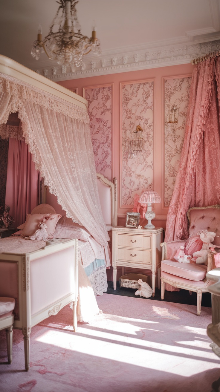 A vintage princess aesthetic bedroom featuring pink hues, a canopy bed, and elegant decor.