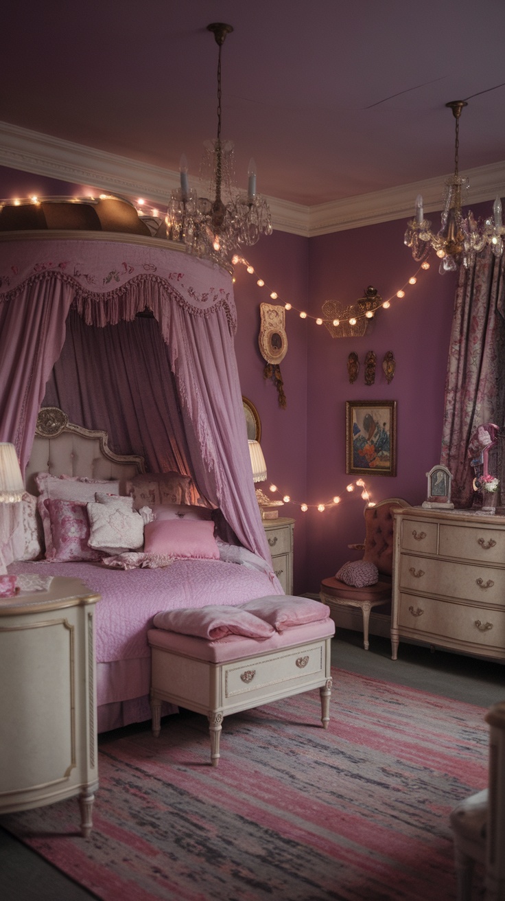 A vintage princess aesthetic bedroom with purple walls, elegant furnishings, and soft lighting.
