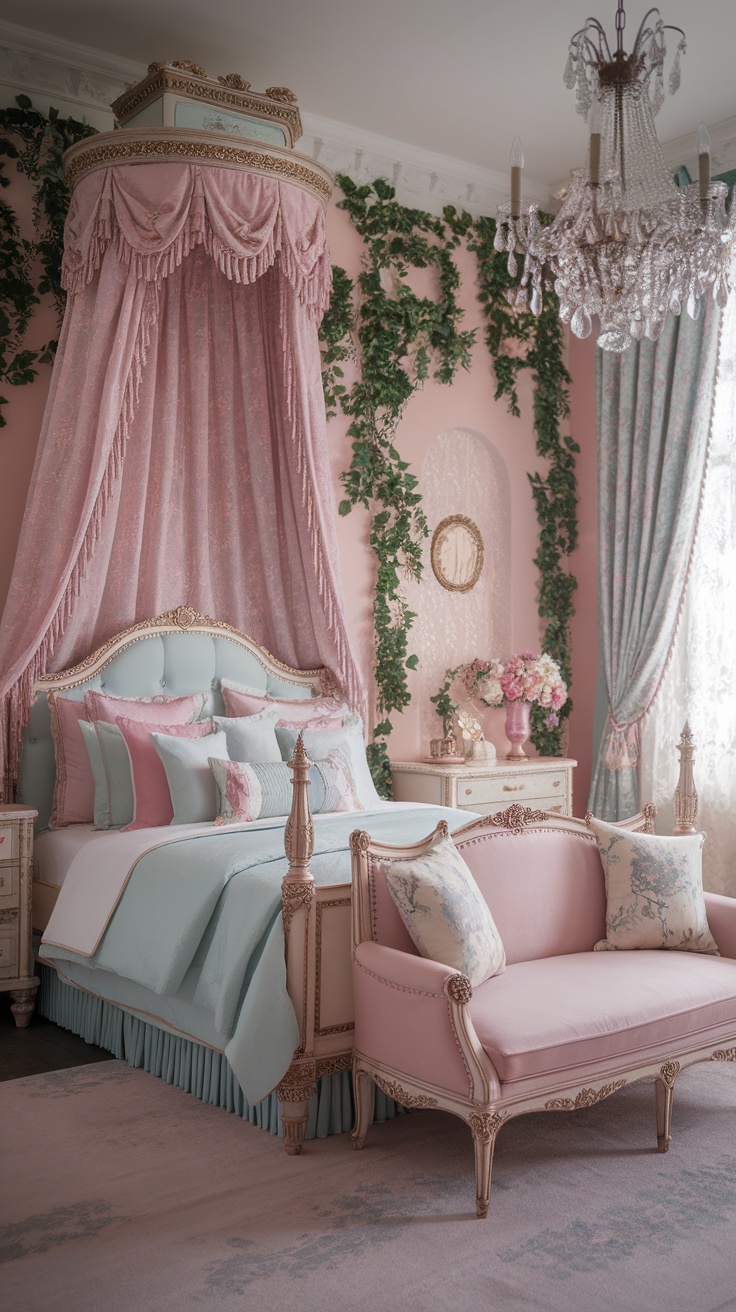 A Victorian-style bedroom featuring soft pink walls, a grand canopy bed with elegant drapery, floral patterns, a delicate chandelier, and a cozy pink loveseat.