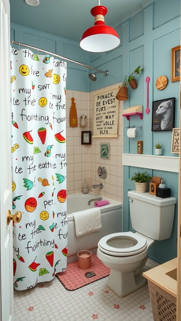 A whimsical vintage bathroom featuring a colorful shower curtain and playful decor.