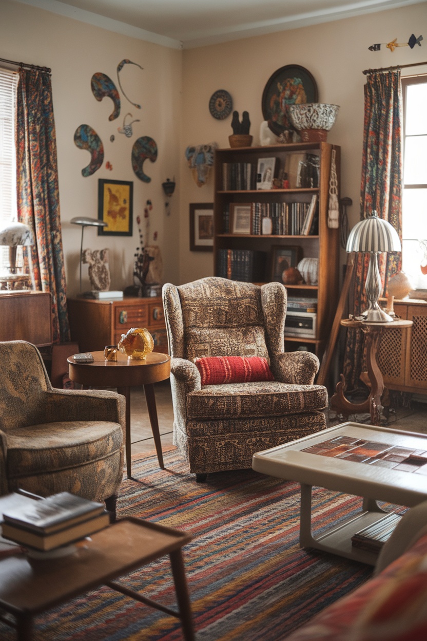 A cozy vintage living room with patterned chairs, wooden shelves filled with books, and eclectic wall art.