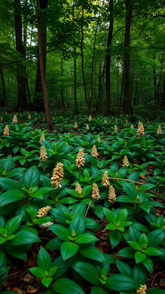 A dense patch of wild ginger with broad green leaves and flower spikes, thriving in a shaded forest.