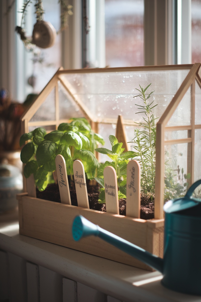 A wooden mini greenhouse with various herbs on a windowsill, featuring labels for each herb and a watering can beside it.