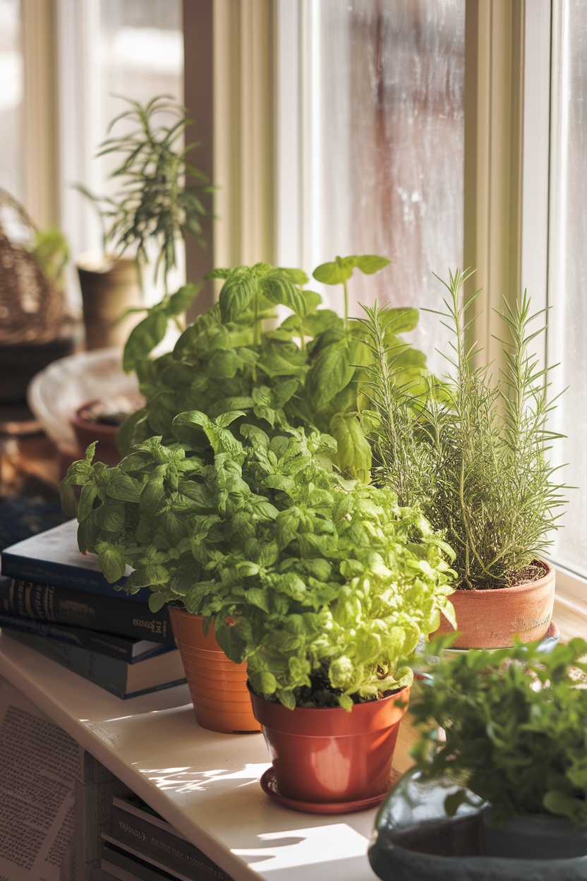 A collection of herbs in pots on a sunny windowsill, including mint, basil, and rosemary.