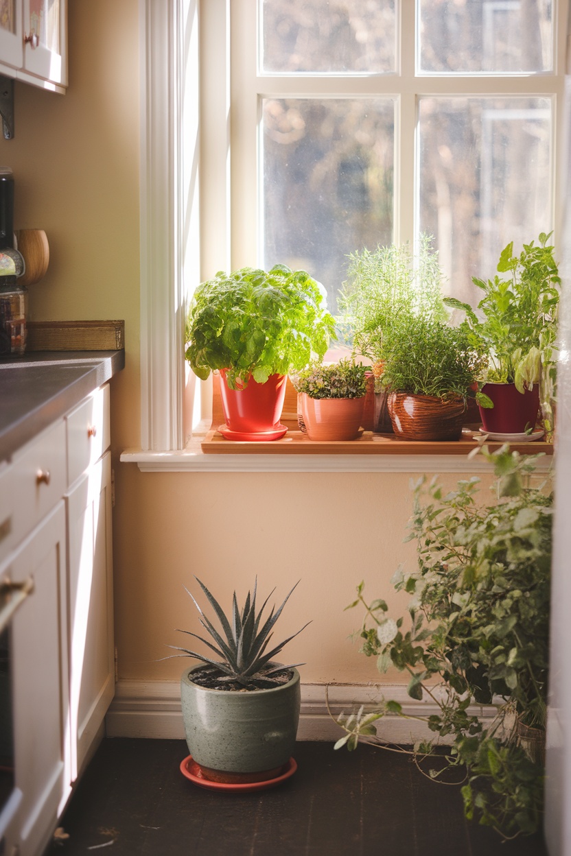 A sunny window herb garden with various pots of herbs like basil and rosemary.