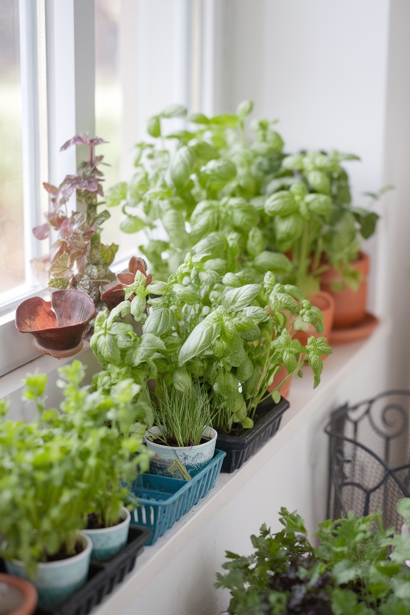 A vibrant window ledge herb garden with various herbs like basil and mint in small pots.