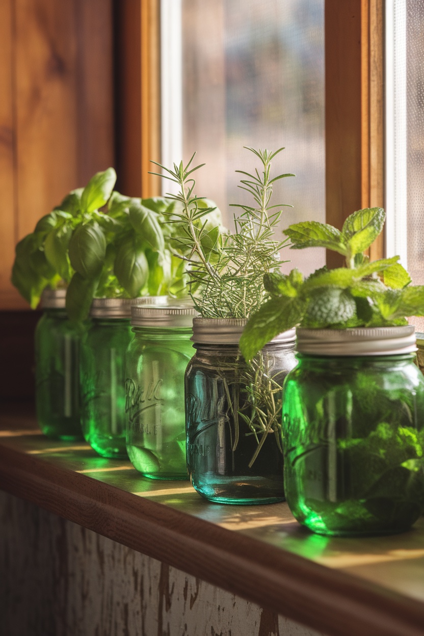 Mason jars filled with herbs on a windowsill