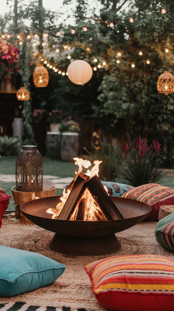 Cozy outdoor fire pit surrounded by colorful cushions and string lights