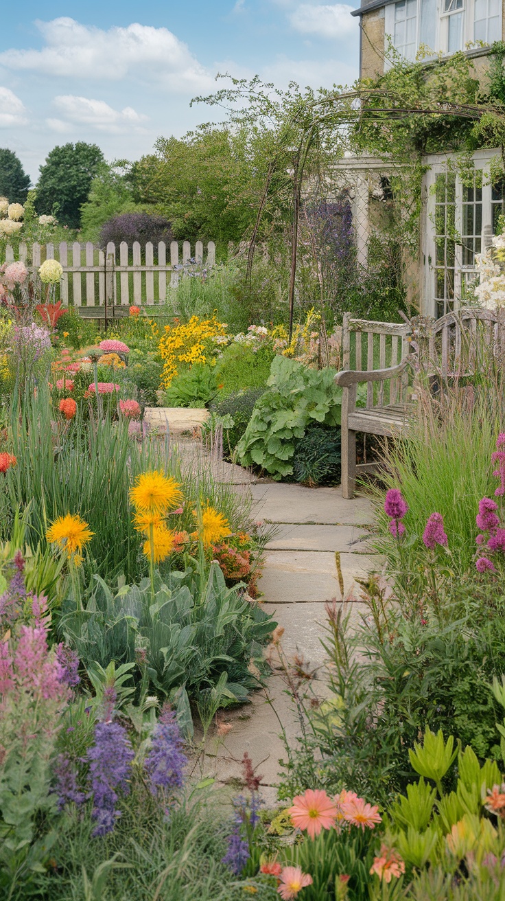 A vibrant English country garden with a mix of colorful flowers and lush greenery.