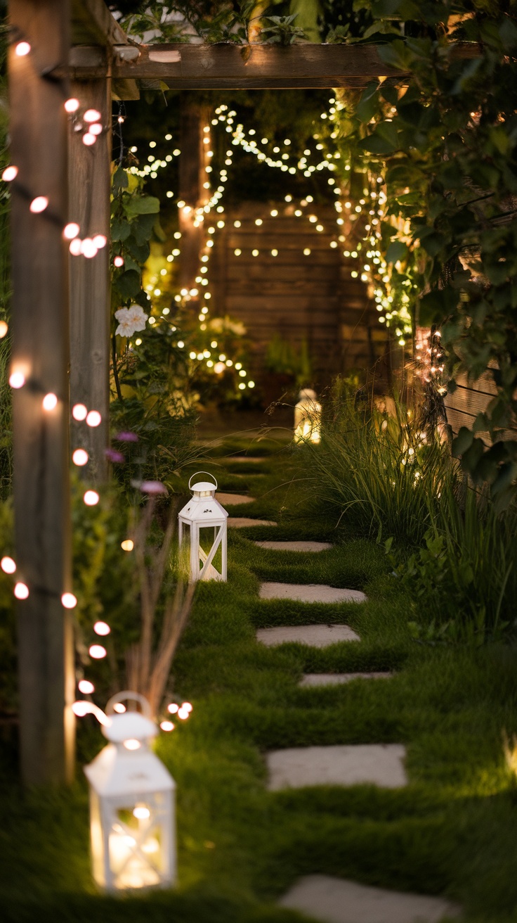 A beautifully lit small garden path with lanterns and string lights.