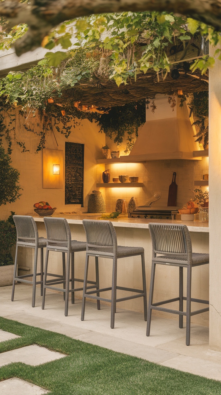 Outdoor kitchen with bar seating and counter space surrounded by greenery.