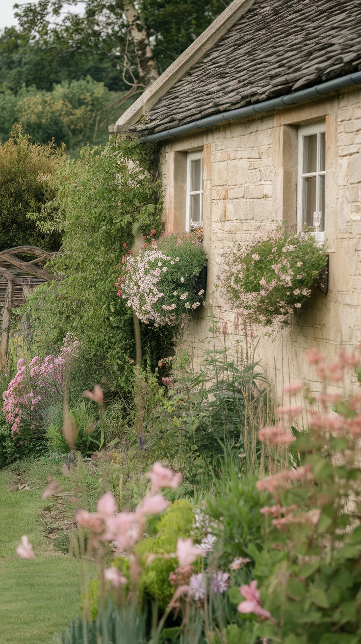 A cozy cottage with bloom-filled window boxes and a lush garden.