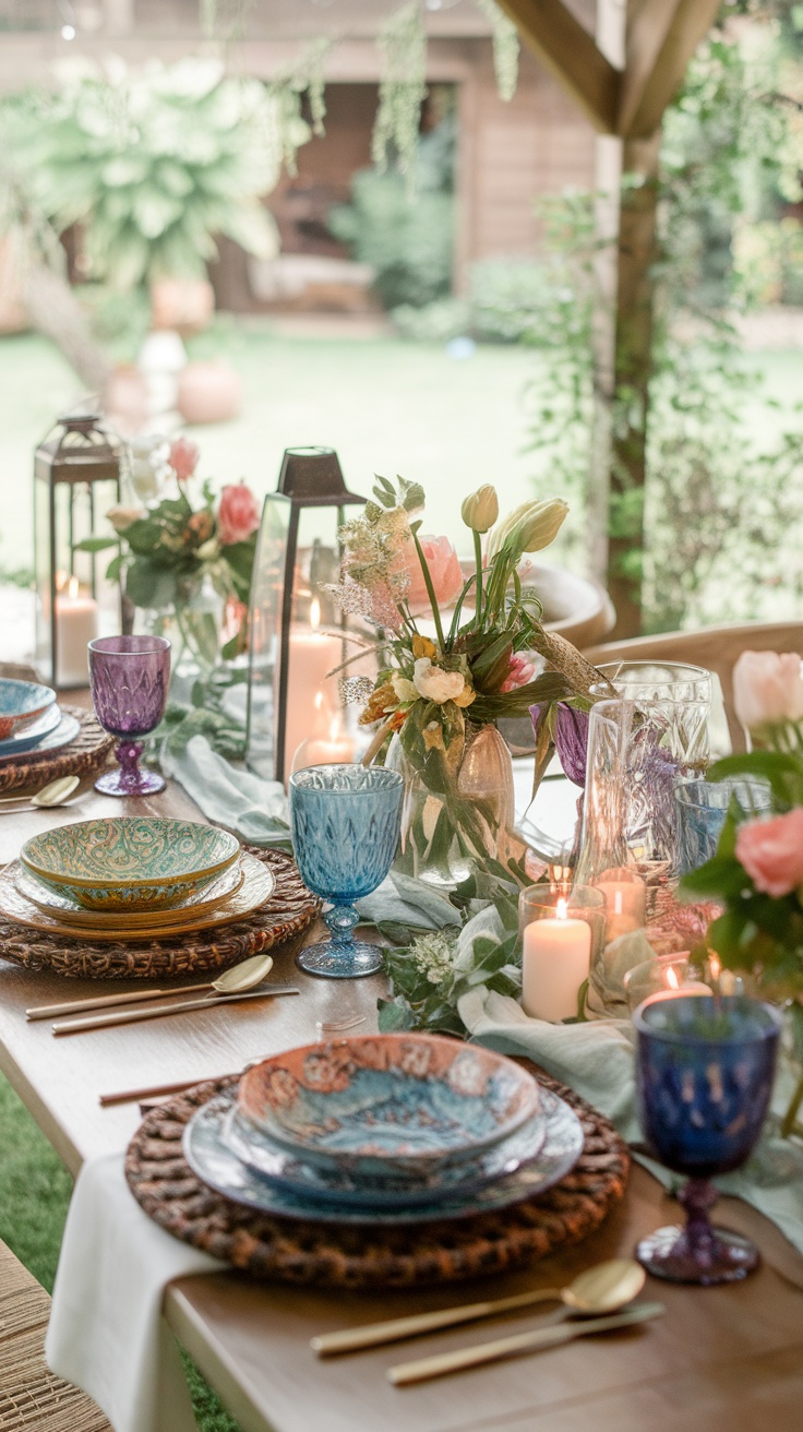 A beautifully decorated table with colorful plates, glasses, and flowers for a boho garden party.