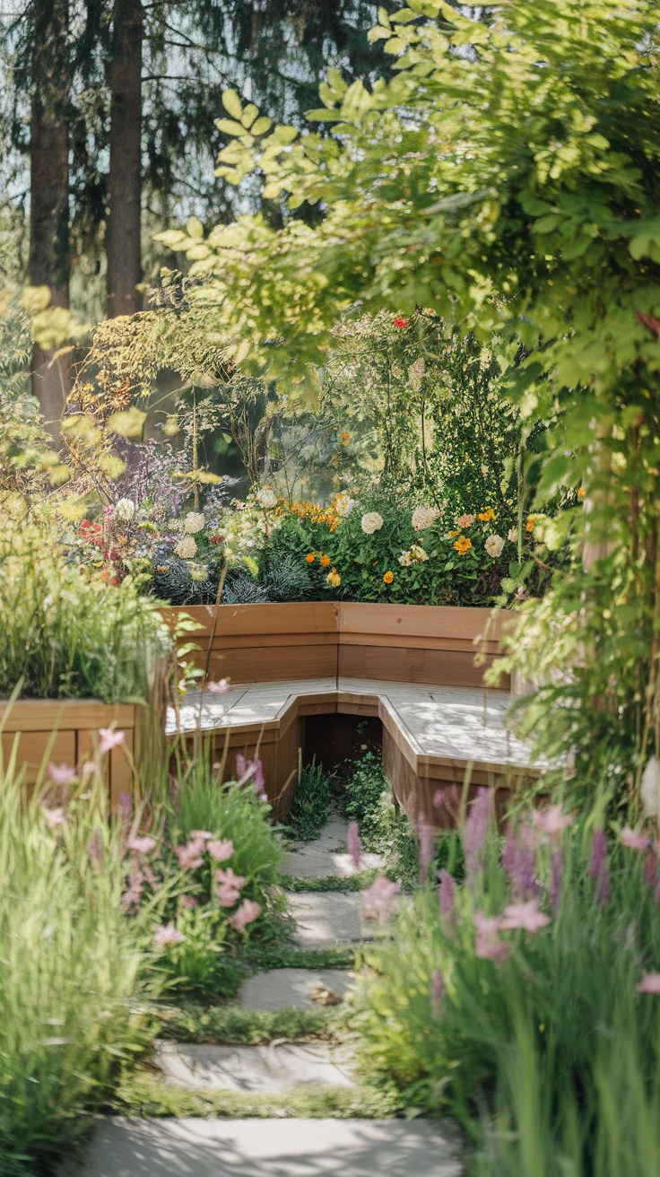 A small garden with built-in wooden seating surrounded by colorful flowers and greenery.