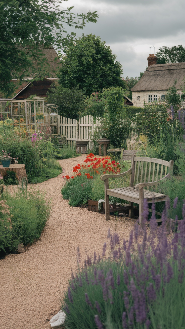 A scenic gravel pathway winding through a lush garden filled with flowers and greenery.