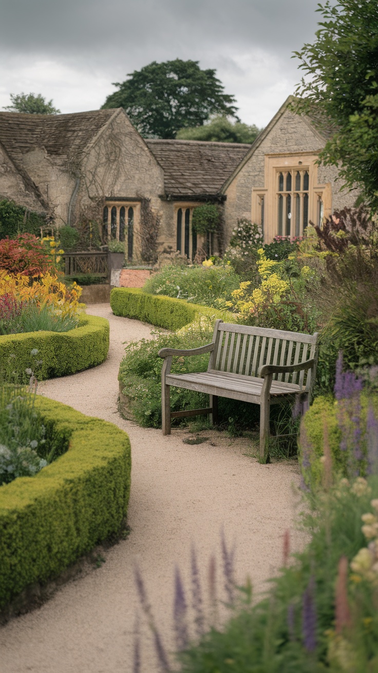 A winding pathway surrounded by colorful flowers and a wooden bench in an English country garden.