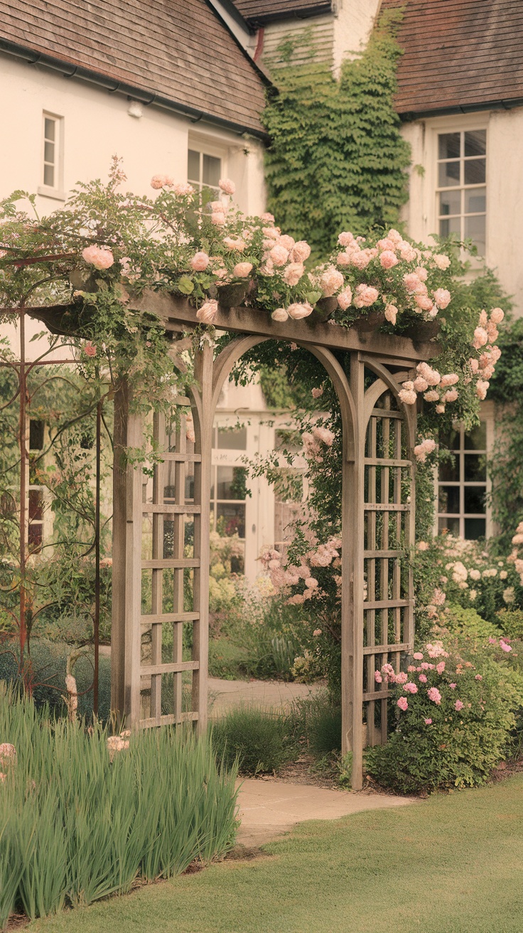 A wooden arbor adorned with blooming roses in an English country garden.