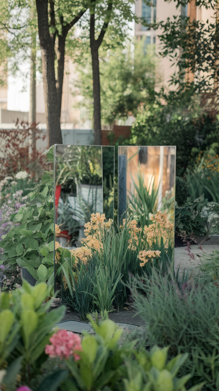 A small garden featuring mirrors reflecting vibrant flowers and greenery.