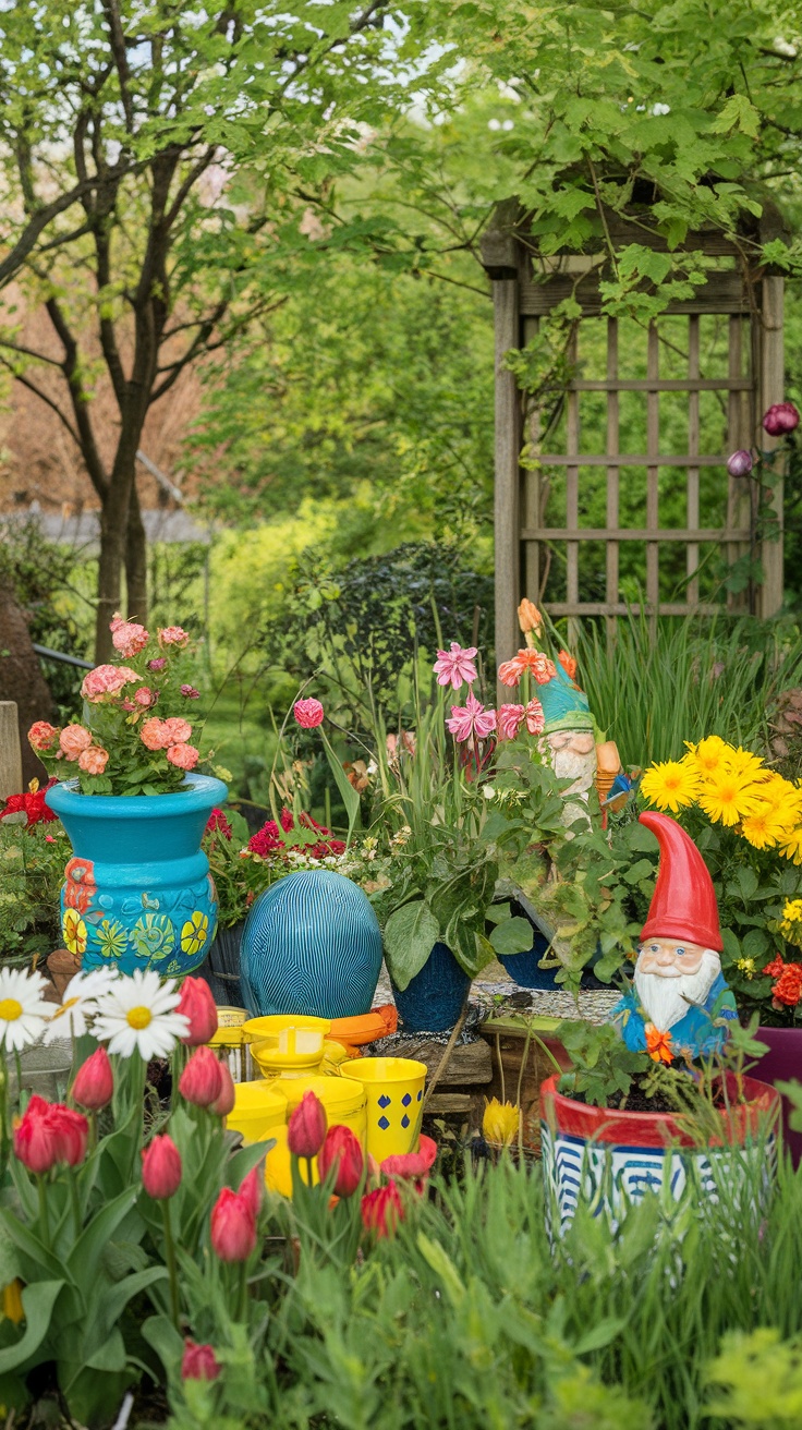 Colorful pots, flowers, and garden gnomes in a small garden setting.