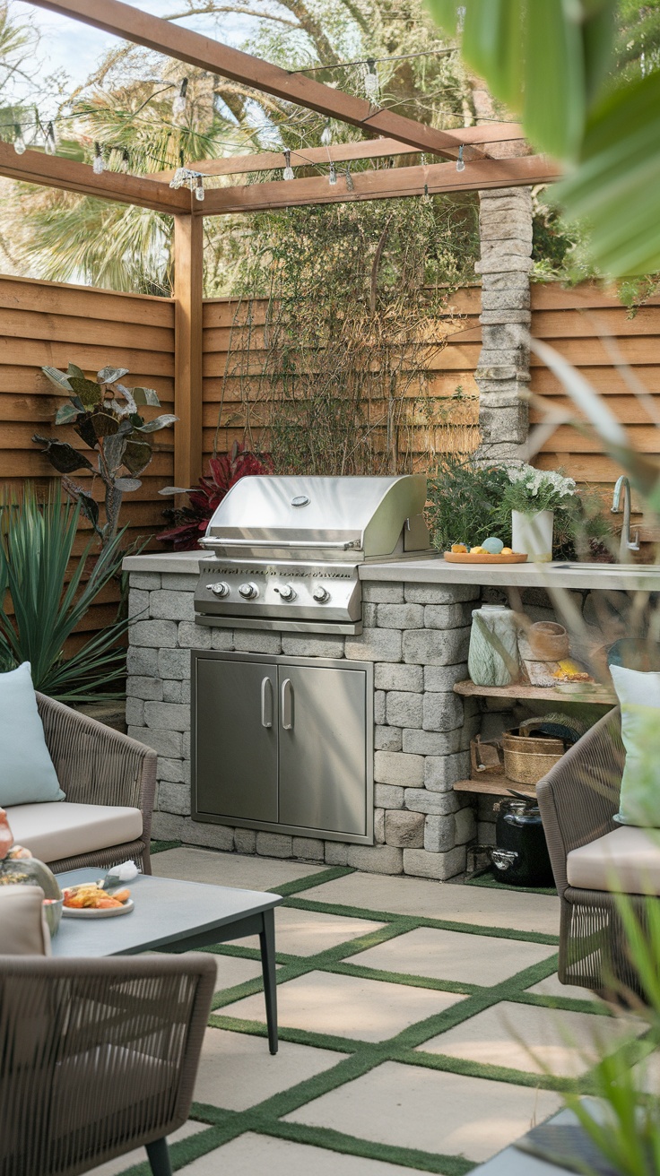 A compact outdoor kitchen featuring a stainless steel grill and seating area surrounded by greenery.