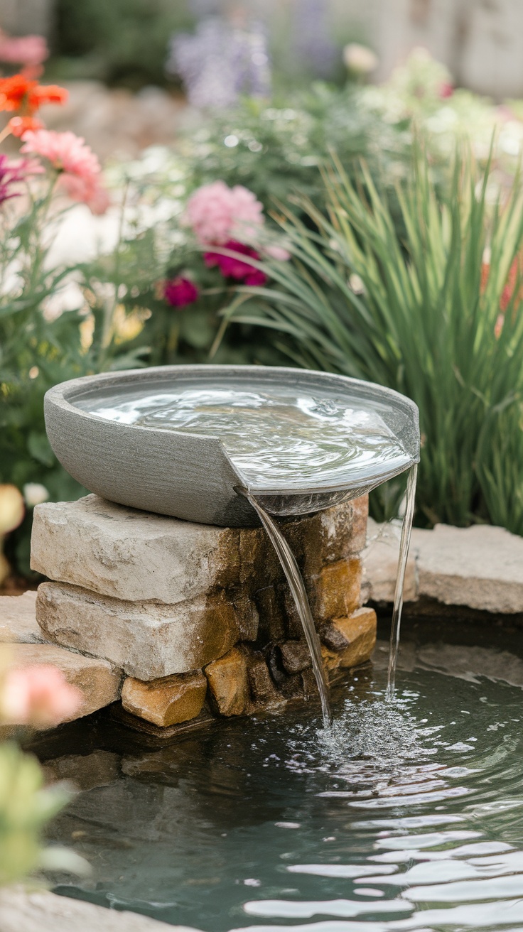 A compact water feature in a small garden with flowers and greenery.