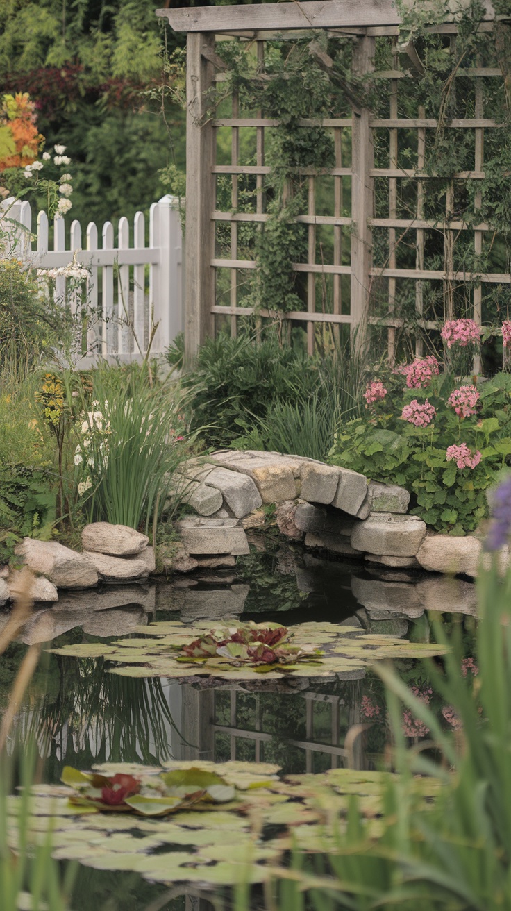 A tranquil garden pond with a small stone bridge and blooming flowers.