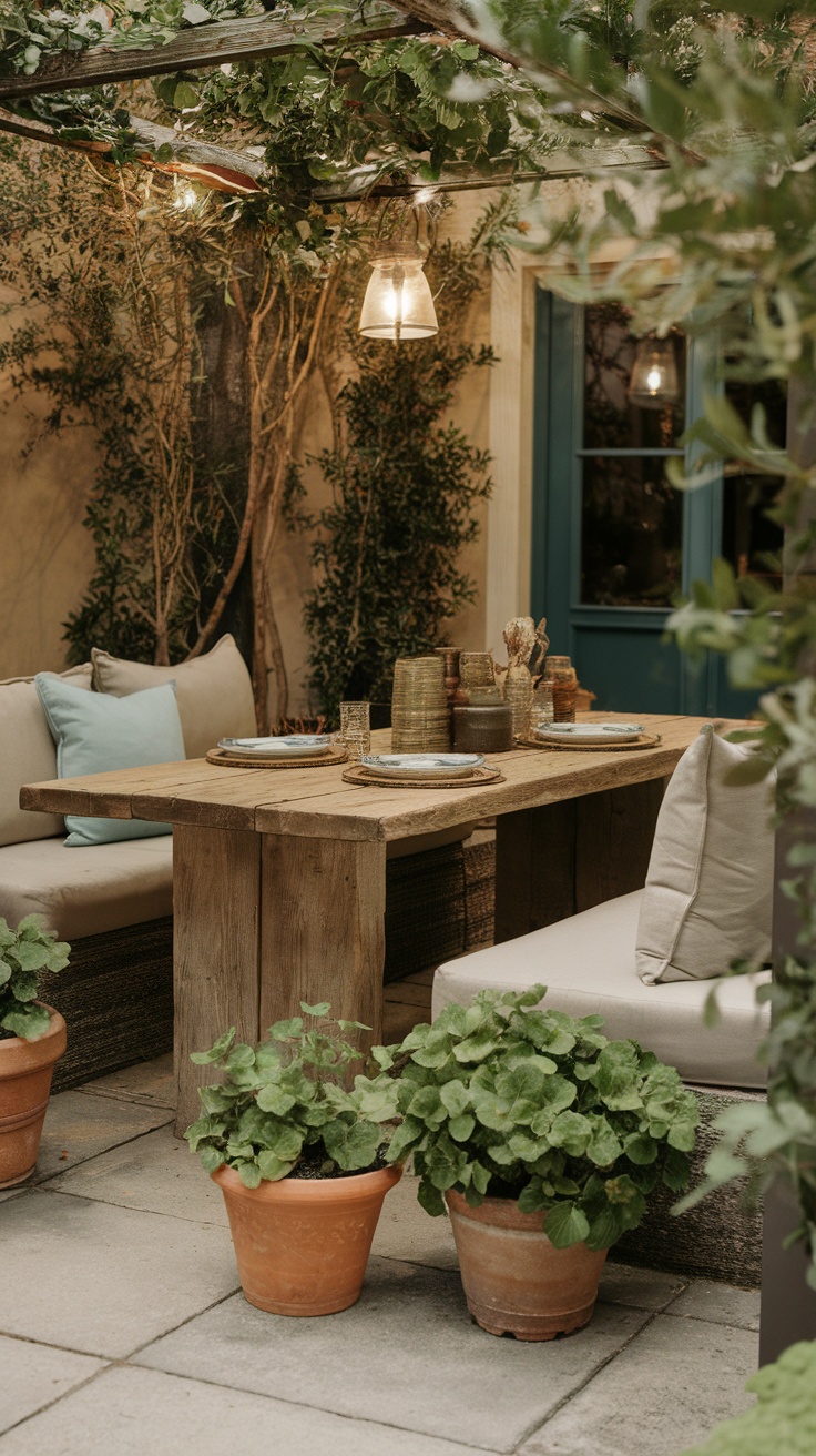 Cozy outdoor dining area with a rustic wooden table, comfortable seating, and potted plants.