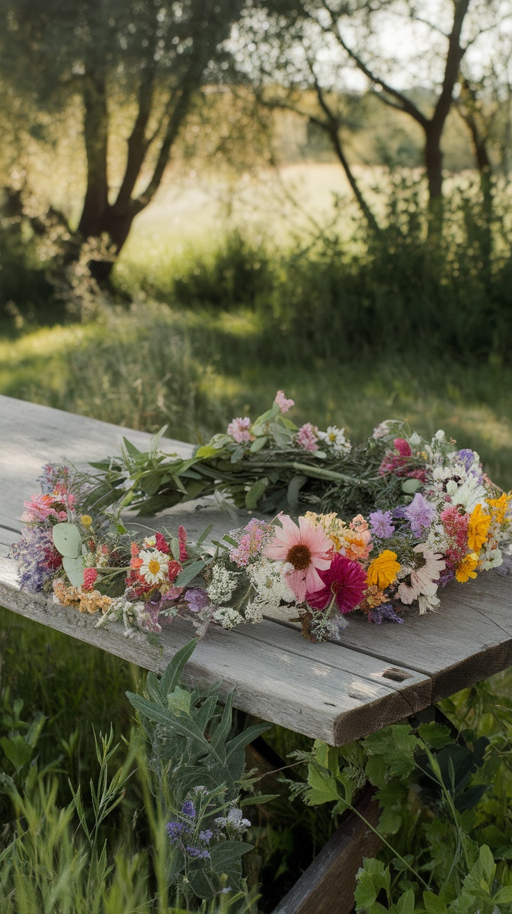 A beautiful flower crown and garland made of colorful flowers placed on a wooden table in a garden setting.