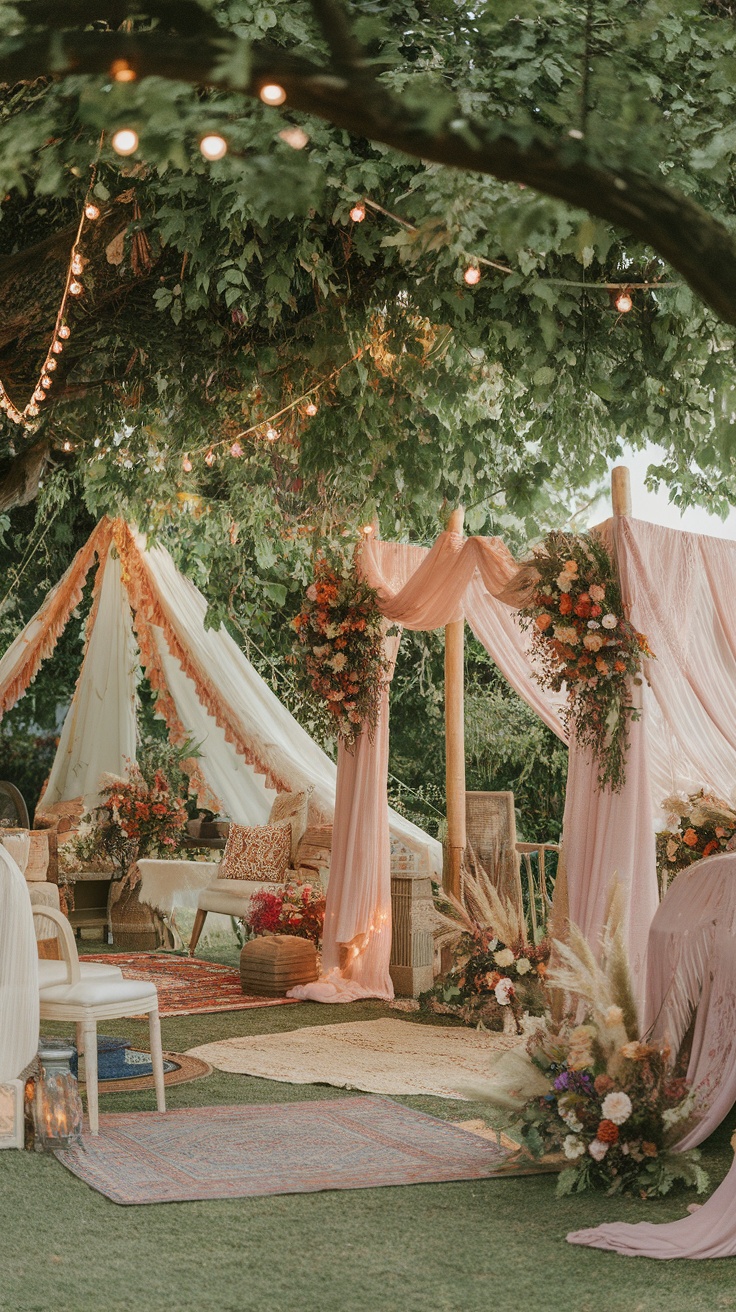 Cozy and colorful boho garden party setup with canopies and tents.