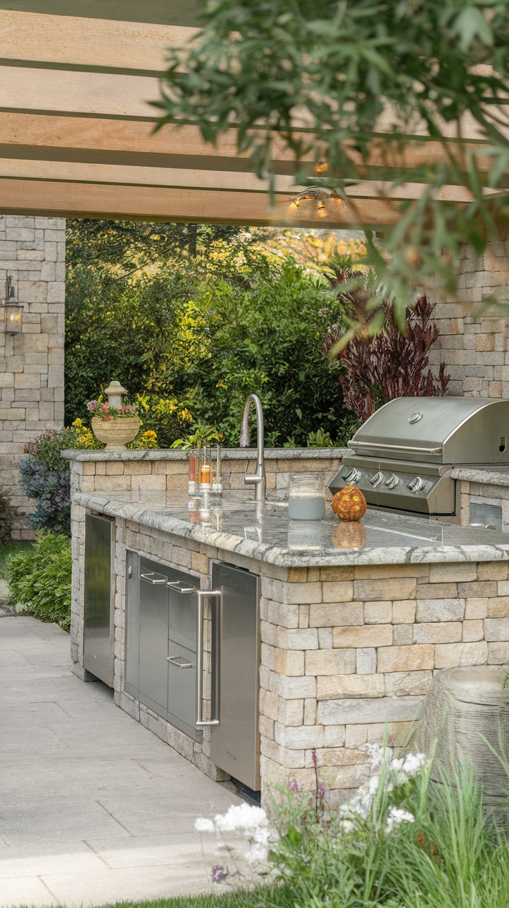 Durable outdoor kitchen countertop made of stone and stainless steel appliances.