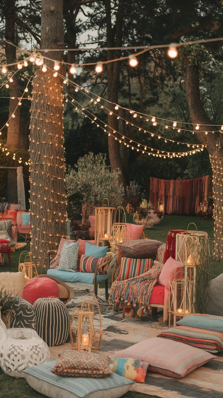 A beautifully decorated outdoor garden party with festoon lights and cozy seating.