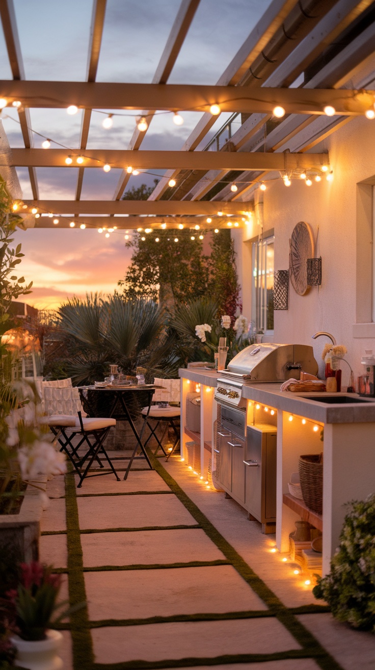 An outdoor kitchen with festoon lighting strung above, creating a warm atmosphere during sunset.