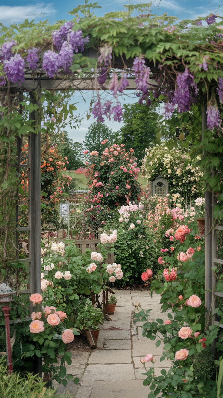 A charming garden path lined with fragrant roses and climbing plants, embodying the essence of an English country garden.