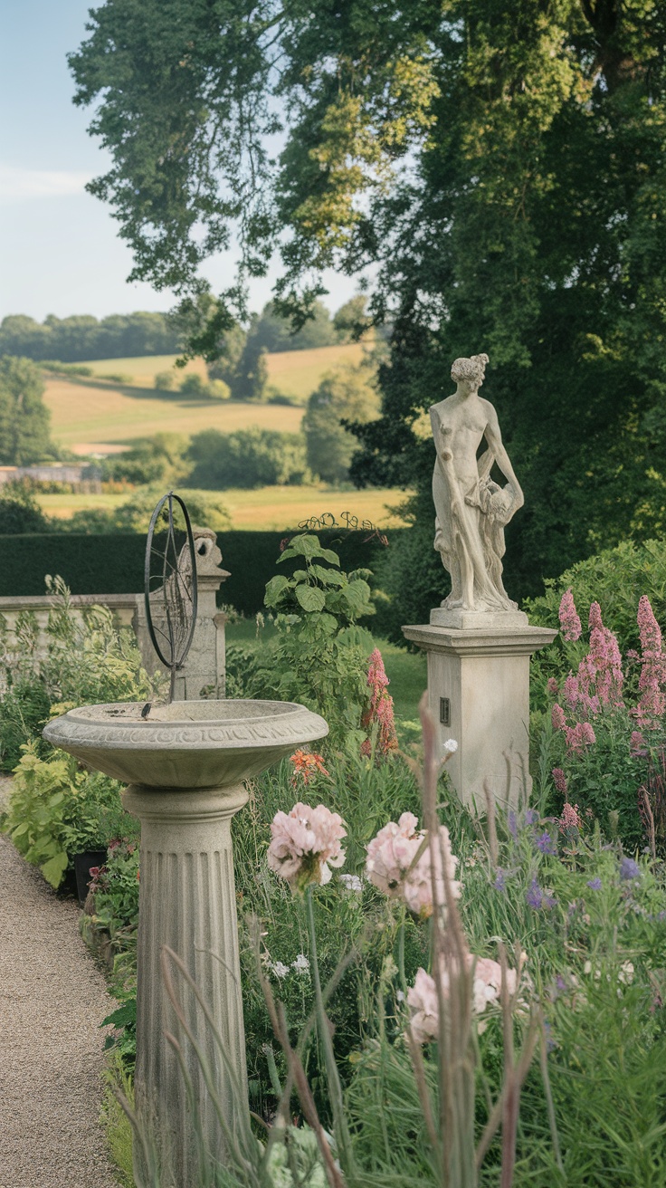 A beautiful English country garden featuring sculptures and a sundial surrounded by colorful flowers.