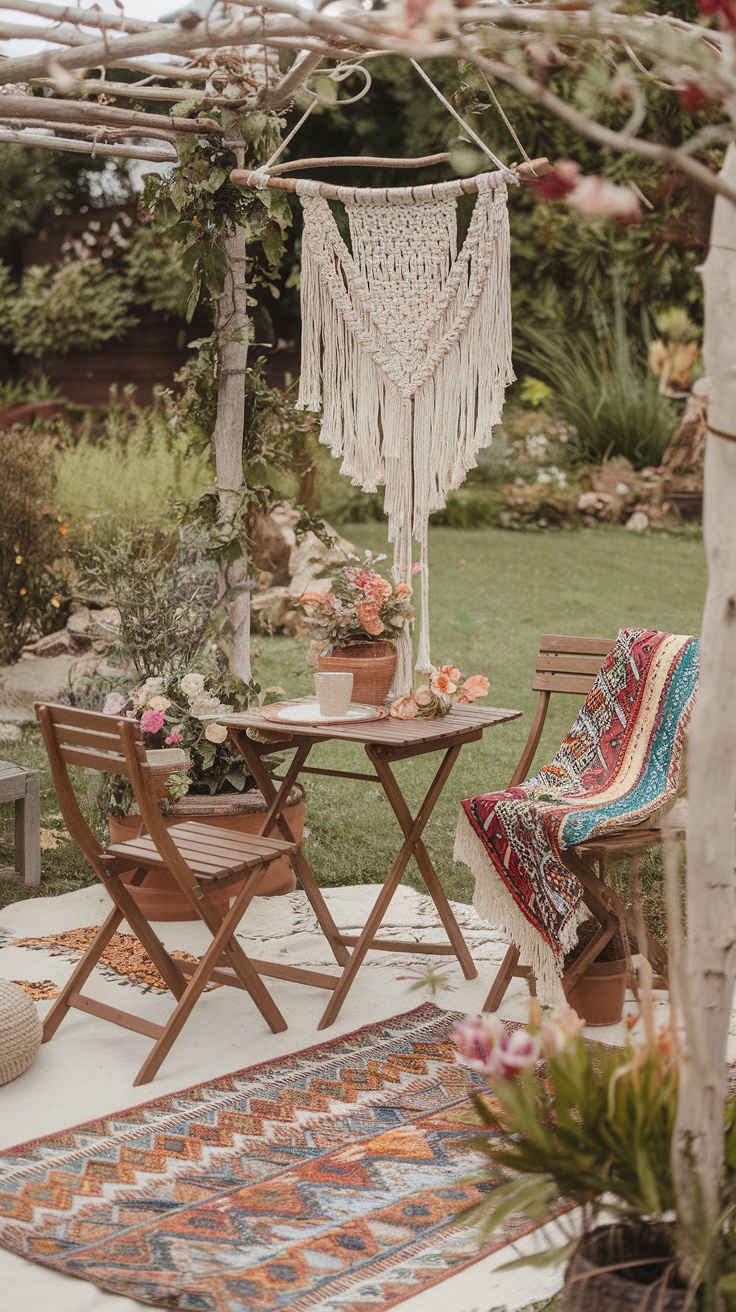 A cozy boho garden party setup featuring macramé decor, wooden furniture, and colorful textiles.