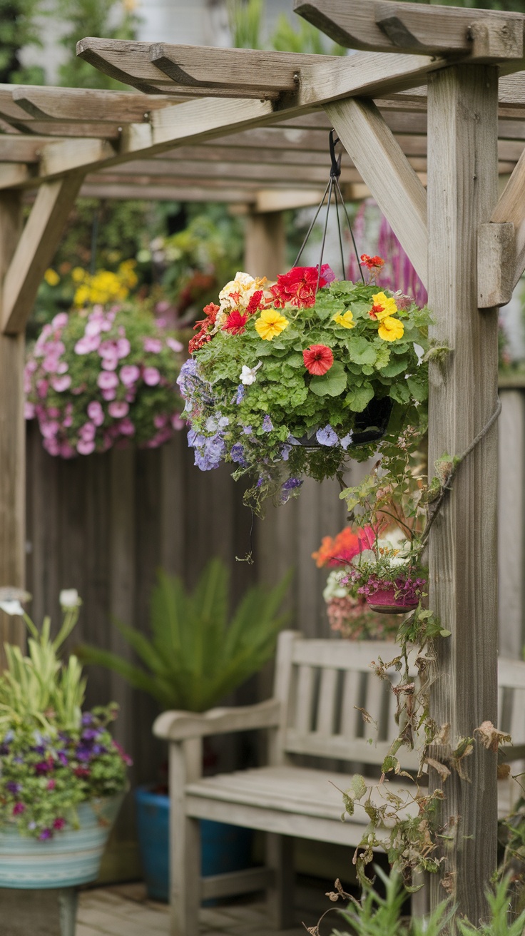 Colorful hanging baskets filled with flowers in a small garden.