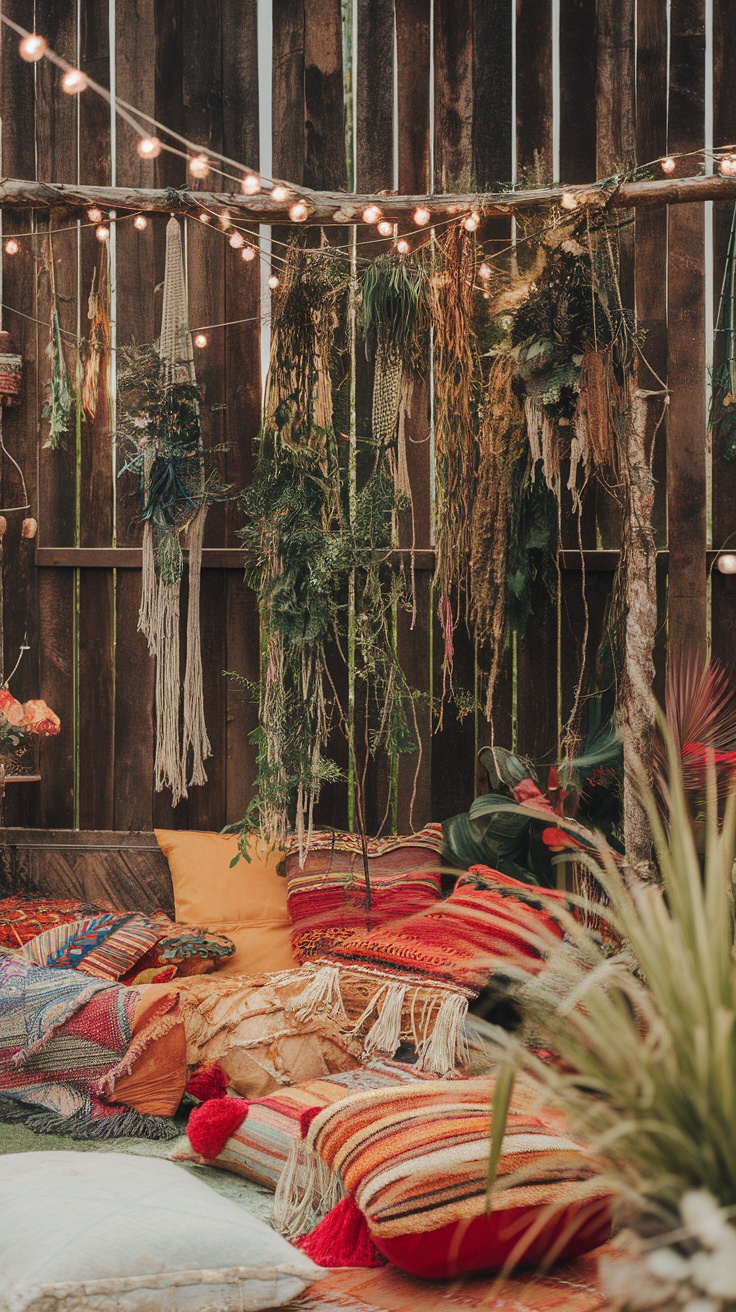 A cozy boho garden party setup with hanging plants and colorful cushions.