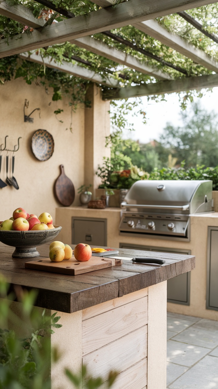 An outdoor kitchen with a wooden table, fresh apples, and herb planters.