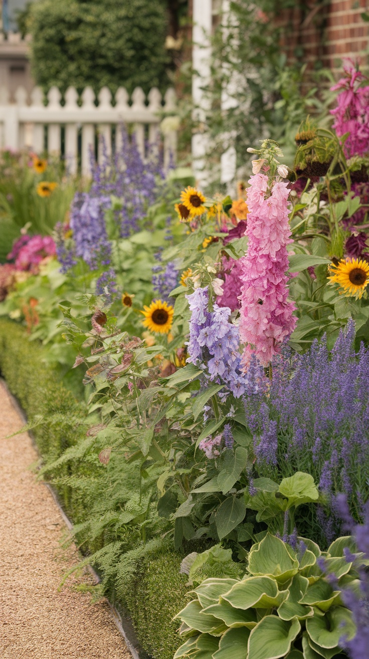 A vibrant herbaceous border in an English country garden featuring pink delphiniums, sunflowers, and lavender.