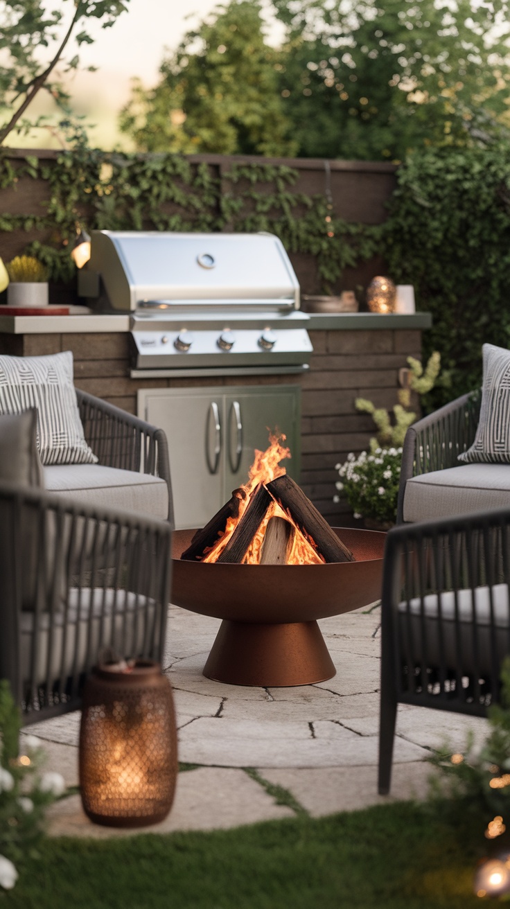 Outdoor kitchen featuring a fire pit surrounded by comfortable seating and a grill.