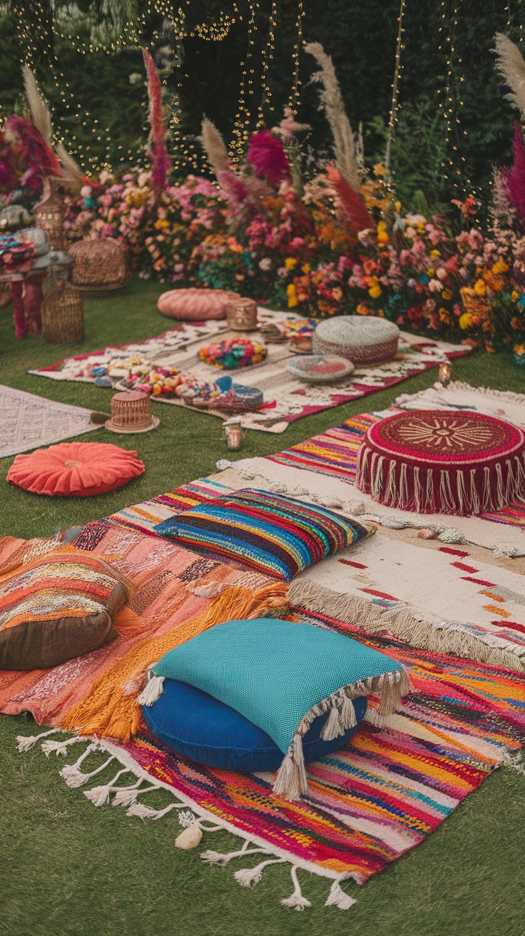 A vibrant boho garden party setup featuring layered rugs, colorful cushions, and decorative throws.