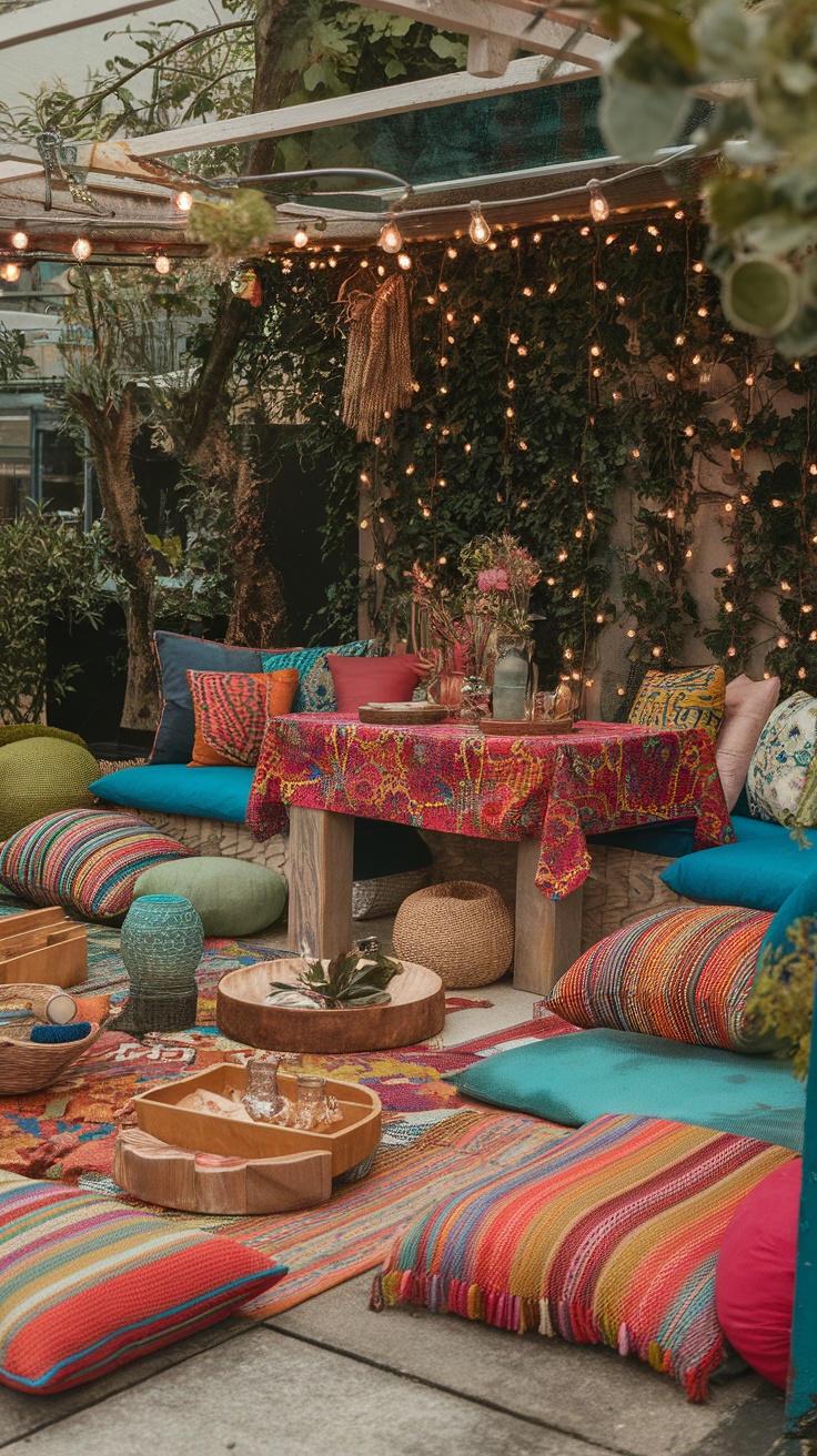 Cozy boho garden party dining setup with colorful cushions, low tables, and fairy lights.