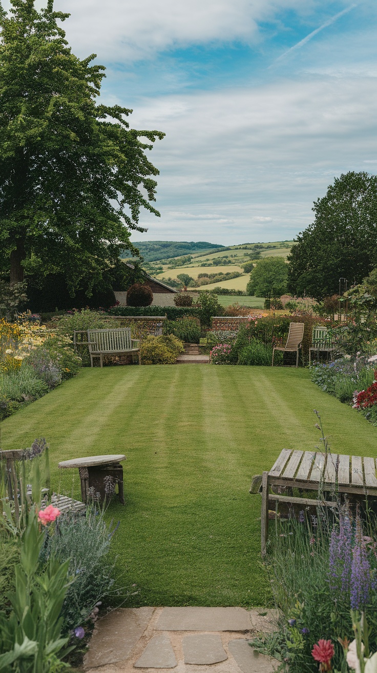 A lush green lawn in an English country garden surrounded by flower beds and benches.