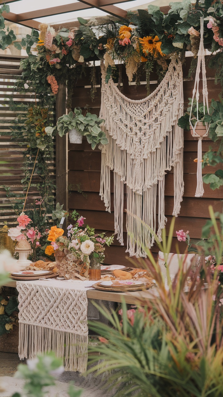 Macramé decor with floral arrangements at a garden party